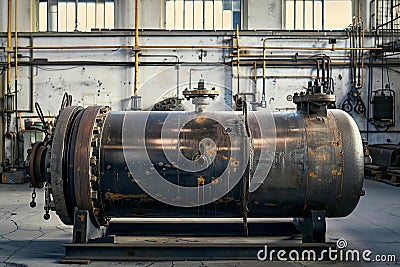 Large rusty industrial autoclave standing on metal platform in factory Stock Photo