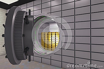 A large safe door with gold bars Stock Photo
