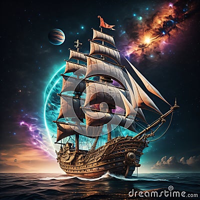 A large sailing ship in the open night sea. Bright sky. Stock Photo