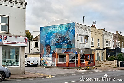 Margate, UK - October 5 2022 - Large scale mural by artist Doudou as part of the Rise Up Residency Editorial Stock Photo