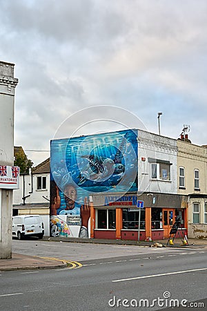 Margate, UK - October 5 2022 - Large scale mural by artist Doudou as part of the Rise Up Residency Editorial Stock Photo