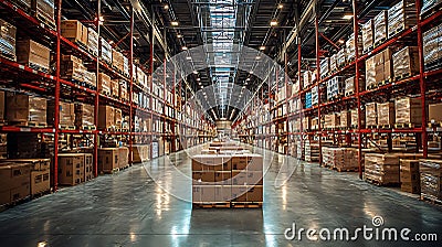 large scale warehouse filled with neatly stacked boxes and pallets, showcasing efficient order processing system. organized layout Stock Photo