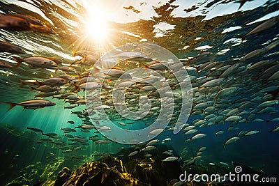 School of fish swimming in circles in ocean with sunlight Stock Photo
