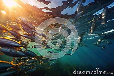 School of fish swimming in circles in ocean with sunlight Stock Photo