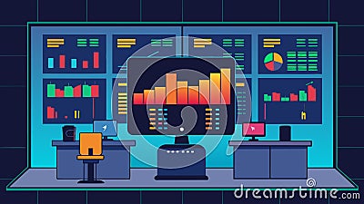 A large screen in a trading room split into multiple sections displaying realtime data on stocks commodities and Cartoon Illustration