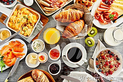 Large selection of breakfast food on a table Stock Photo