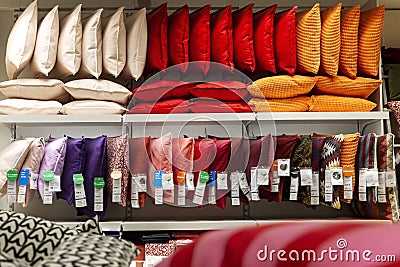 A large selection of bright pillows in different colors in the Ikea interior store. Moscow, Russia, 19/10/2020 Editorial Stock Photo