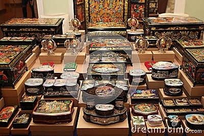 Large selection of souvenir boxes of Russian lacquer miniature. Editorial Stock Photo