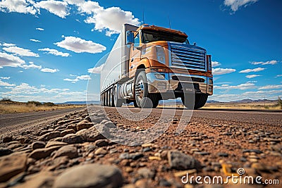 A large semi truck driving down a desert road. Low pint of view. Close up Stock Photo