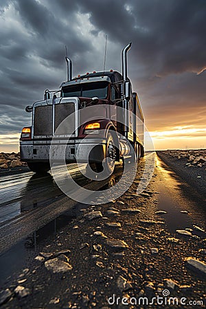 A large semi truck driving down a desert road at sunset Stock Photo