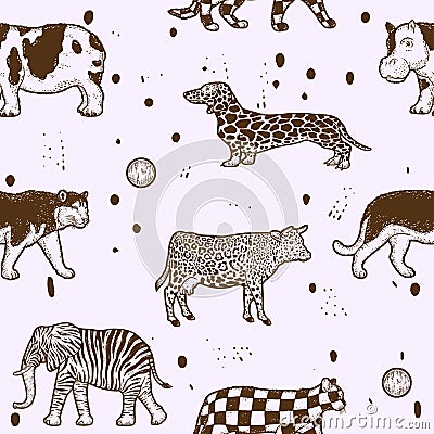 Large set, animals of atypical coat color. Sketch scratch board imitation. Seamless background. Cartoon Illustration
