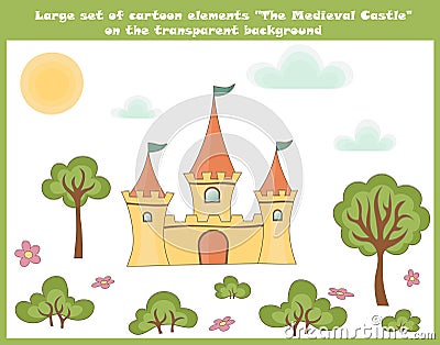Large set of cartoon elements on the transparent background. The medieval castle, drawn trees, bushes, cute pink flowers, sun, fun Stock Photo