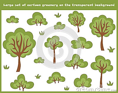 Large set of cartoon trees, bushes and grass isolated on the transparent background Stock Photo