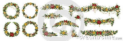 Large set of Christmas fir garlands with poinsettia, berries, cones, jingle bells, orange slices and gingerbread cookies Vector Illustration