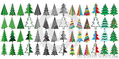 Large set of Christmas trees in color and gray. Vector Illustration