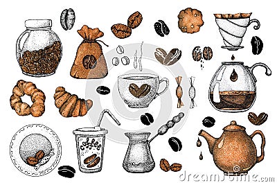 A large set of coffee attributes: cup, grains, turk, kettle, bag, packaging, funnel, croissant, drink, glass, can. Hand drawn Cartoon Illustration
