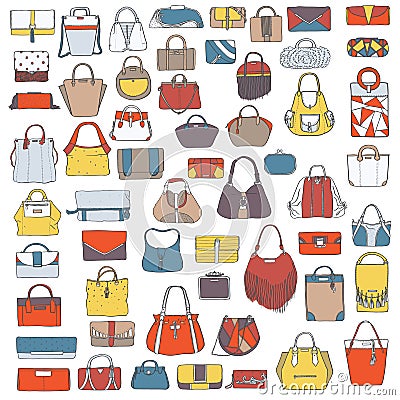 Large set of colorful doodle fashion bags, hand drawn with black ink, isolated on white background. Illustration with group Stock Photo