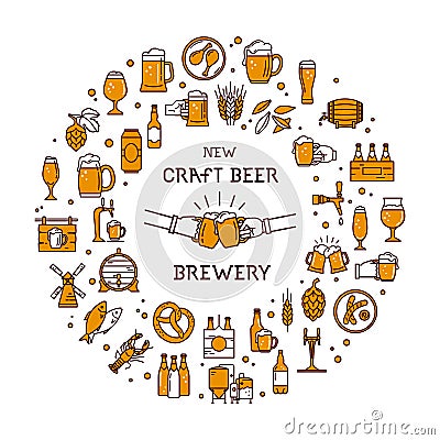 A large set of colorful icons on the topic of beer, its production and use in vector format. Vector Illustration