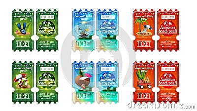 Large set colorful tickets to summer beach party with summer icons. Stock Photo