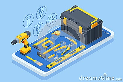 Large set of construction tools. Drill, hammer, hacksaw, tape measure, nippers, pliers, wrench, stapler, roller. Icon Vector Illustration