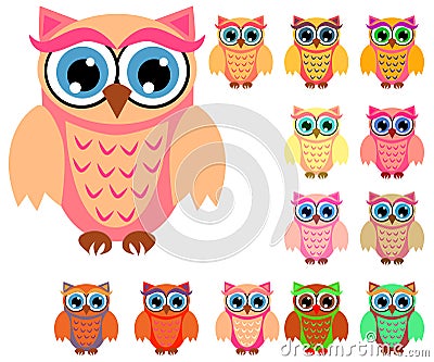 Large set of cute multicolored cartoon owls for children, different designs, trendy coral color Stock Photo