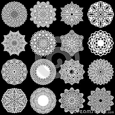 Large set of design elements, lace round paper doily, doily to decorate the cake, template for cutting, greeting element, snowfl Vector Illustration