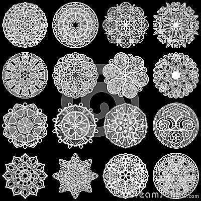 Large set of design elements, lace round paper doily, doily to decorate the cake, template for cutting, greeting element, snowfl Vector Illustration