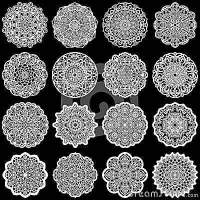 Large set of design elements, lace round paper doily, doily to decorate the cake, template for cutting, greeting element, snowfl Vector Illustration