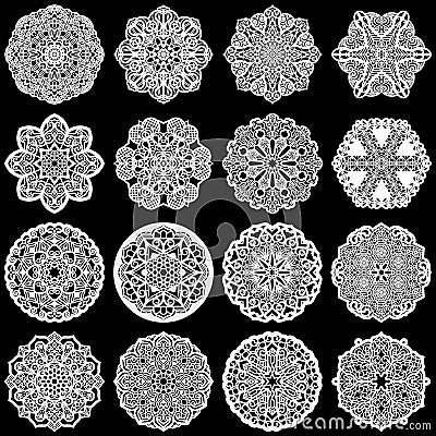 Large set of design elements, lace round paper doily, doily to decorate the cake, template for cutting, greeting element, snowfl Vector Illustration