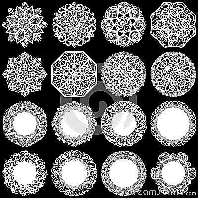 Large set of design elements, lace round paper doily, doily to decorate the cake, template for cutting, greeting element, snowfl Vector Illustration