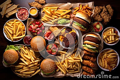 Large set of different fast food. French fries, burgers, nuggets, cutlets, bread and salad of tomatoes and cucumbers with herbs on Stock Photo