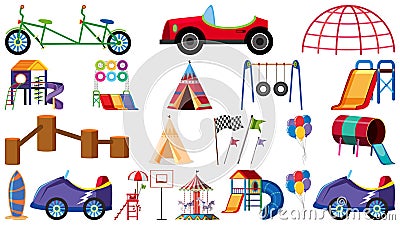 Large set of different play stations in the playground Vector Illustration