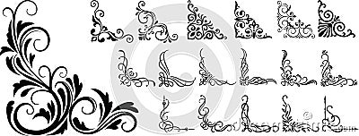 Large set of floral corners, ornaments, isolated background. Stock Photo