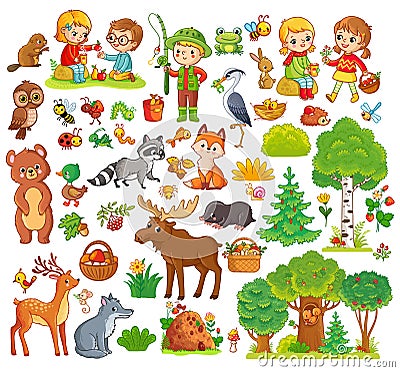 Large set with forest animals and children. Collection on a forest theme Stock Photo