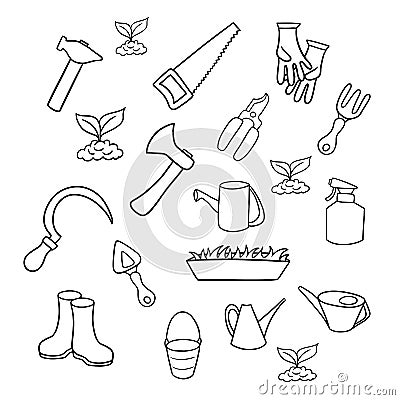 A large set of garden tools for caring for plants, vector illustration , A set of pictures, a coloring book Vector Illustration