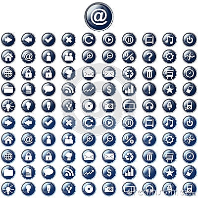 Large set of glossy blue web buttons Vector Illustration