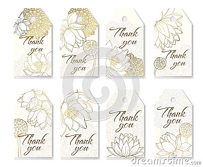 A large Set of golden contour lotuses and mandala is made in the form of a form for Thank you tags. Shape design for Vector Illustration