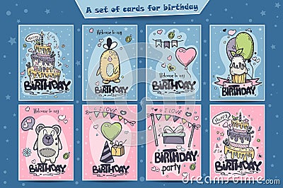 A large set of greeting cards for birthday of colored doodles Vector Illustration