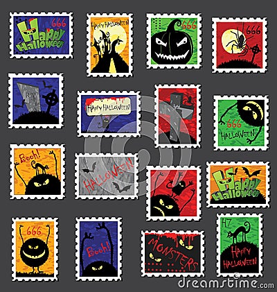 Large Set of Halloween Postage Stamps Vector Illustration