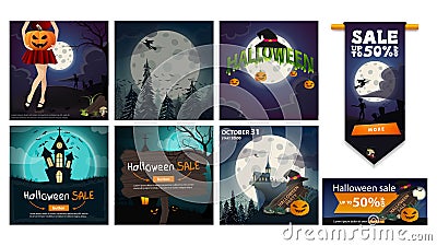 Large set Halloween posters, backgrounds, illustrations and banners Vector Illustration