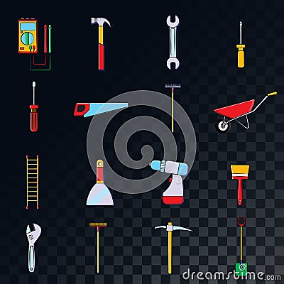 A large set of icons for construction, plumbing, garden, repair, tools on a translucent background: shovel, saw, hammer, brush, Stock Photo