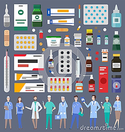 Set of various medications, medicines, pills. Various doctors with medical supplies. Flat image Vector Illustration
