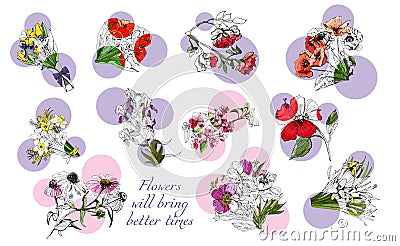 Large set with monochrome and color different flowers. Vector Illustration