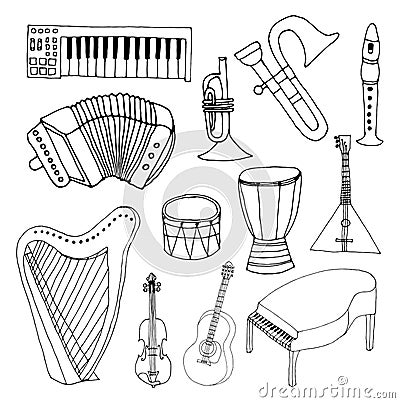Large set of musical instrument icons in sketch style Vector Illustration