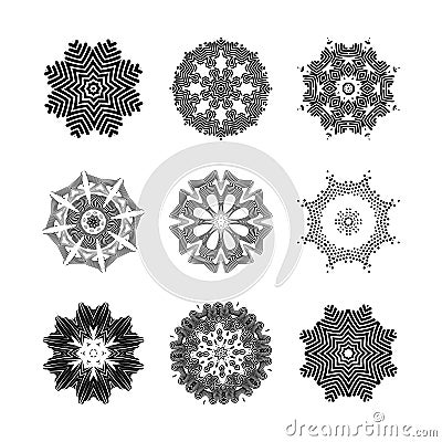 A large set of New Year's snowflakes, lights, salute elements and various decorative signs. Abstract fractal signs Vector Illustration