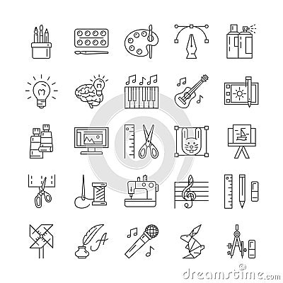 Large set of black and white line drawn creativity icons Vector Illustration