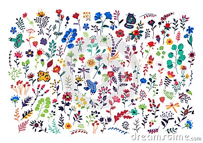 Large set of pattern of flowers. Vector. Decorative floral elements for a flower shop. Carpet from plants. Botany and floristry. O Vector Illustration