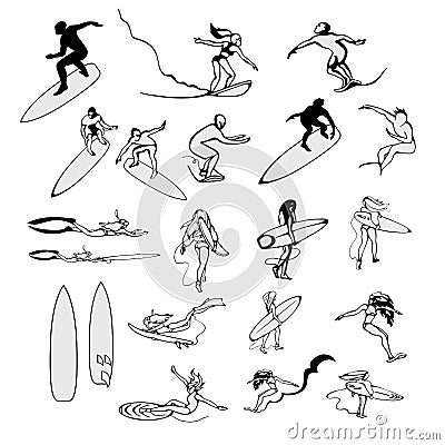 A large set of sketches of surfers in different dynamic poses. Vector Illustration