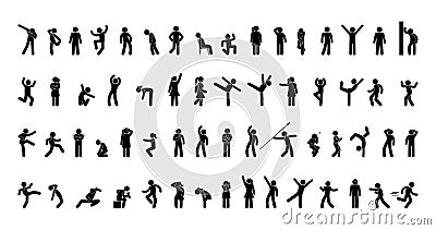 Large set of stickman, various human poses and gestures, men and women icons, people stand, run, jump Vector Illustration