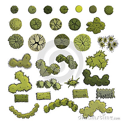 Large set with symbols of trees and shrubs in plan view whithout shadow. Hand drawn ink and colored sketch. Vector Illustration